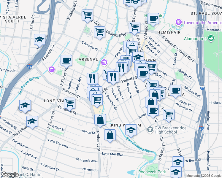 map of restaurants, bars, coffee shops, grocery stores, and more near 135 Wickes Street in San Antonio