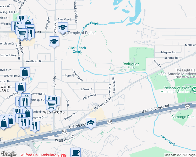 map of restaurants, bars, coffee shops, grocery stores, and more near 6502 Elmer Boulevard in San Antonio