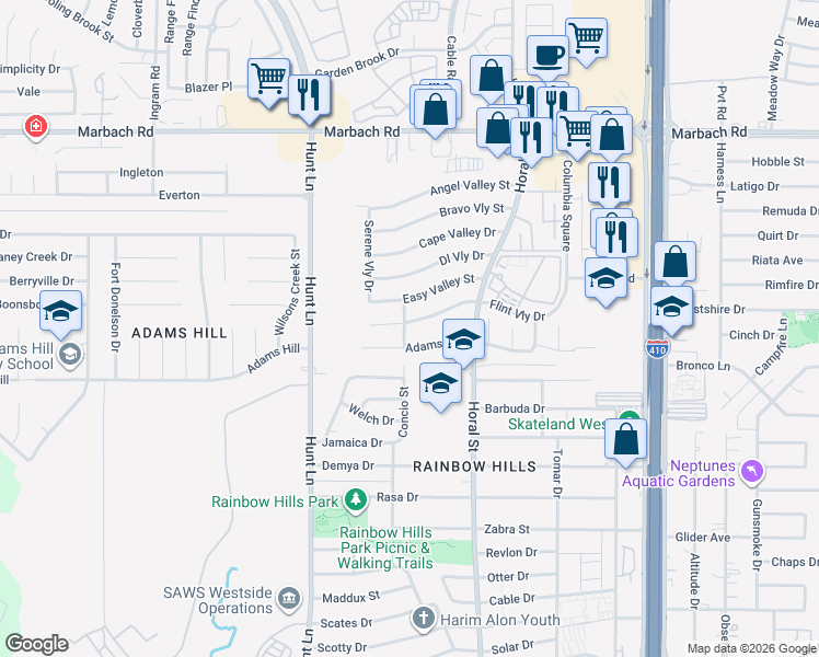 map of restaurants, bars, coffee shops, grocery stores, and more near 8803 Adams Hill Drive in San Antonio