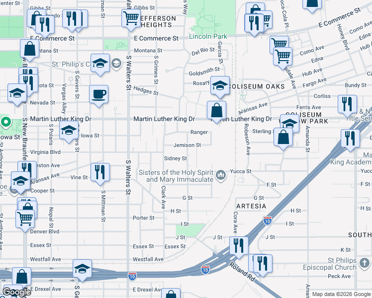 map of restaurants, bars, coffee shops, grocery stores, and more near 132 Sidney Street in San Antonio