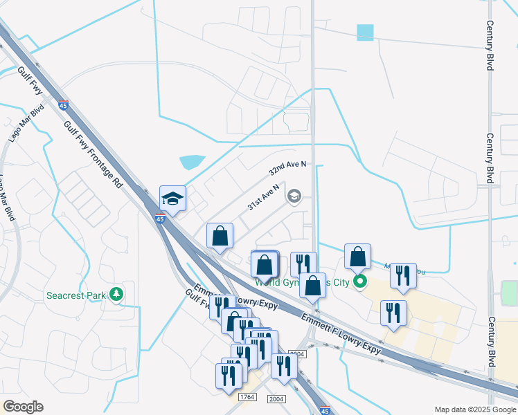 map of restaurants, bars, coffee shops, grocery stores, and more near 11119 30th Avenue North in Texas City
