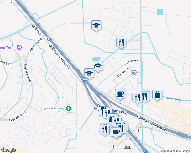 map of restaurants, bars, coffee shops, grocery stores, and more near 3210 Gulf Freeway in Texas City