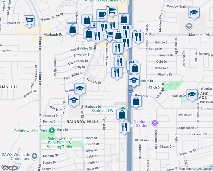 map of restaurants, bars, coffee shops, grocery stores, and more near 2131 Hollow Circle in San Antonio