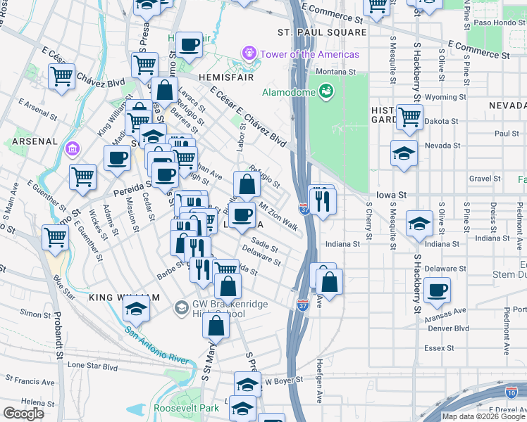 map of restaurants, bars, coffee shops, grocery stores, and more near 538 Leigh Street in San Antonio