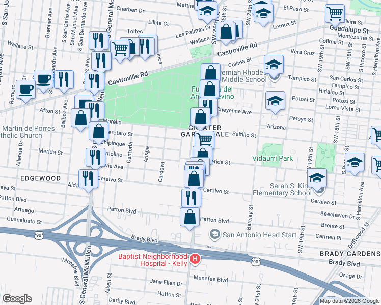 map of restaurants, bars, coffee shops, grocery stores, and more near 1522 Merida Street in San Antonio