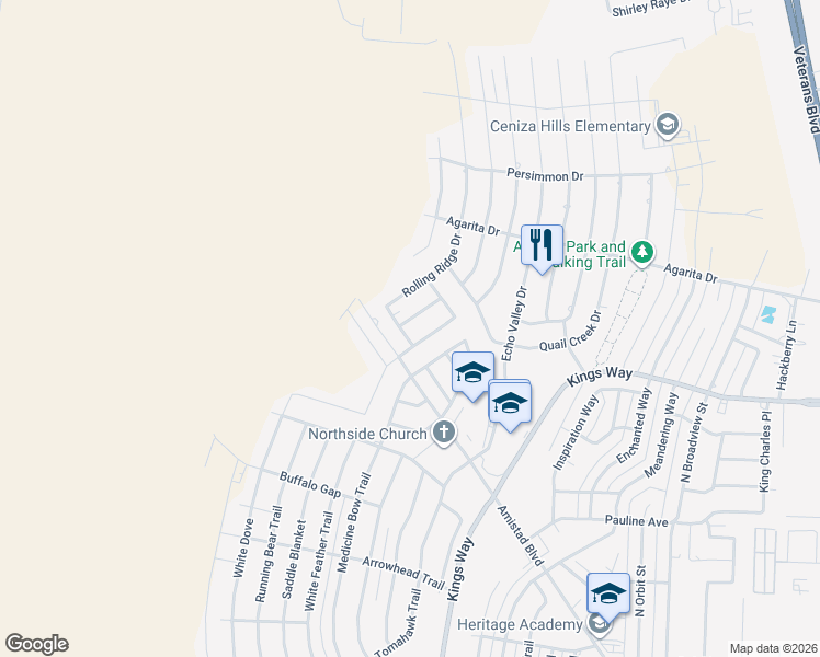 map of restaurants, bars, coffee shops, grocery stores, and more near 103 Covey Ridge Drive in Del Rio