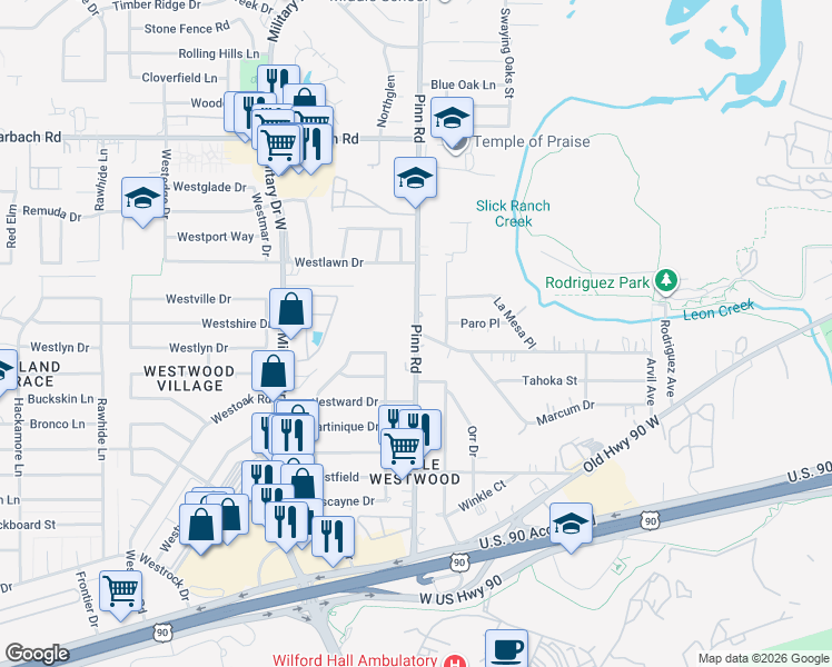 map of restaurants, bars, coffee shops, grocery stores, and more near Pinn Rd & Elmer Blvd in San Antonio
