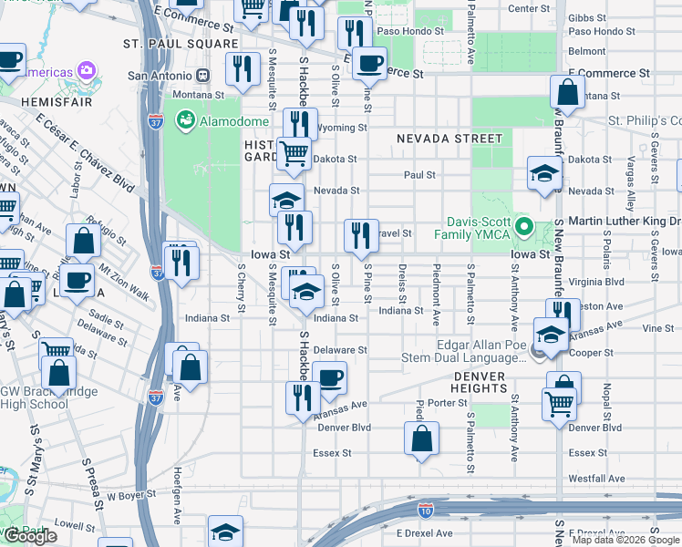 map of restaurants, bars, coffee shops, grocery stores, and more near 628 Virginia Boulevard in San Antonio