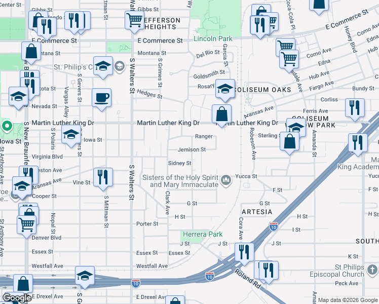 map of restaurants, bars, coffee shops, grocery stores, and more near 132 Sidney Street in San Antonio