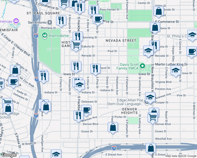 map of restaurants, bars, coffee shops, grocery stores, and more near 727 Iowa Street in San Antonio