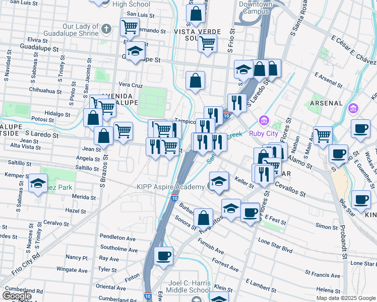 map of restaurants, bars, coffee shops, grocery stores, and more near 1100 Cevallos Street in San Antonio