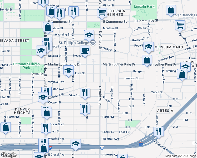 map of restaurants, bars, coffee shops, grocery stores, and more near 2120 Iowa Street in San Antonio