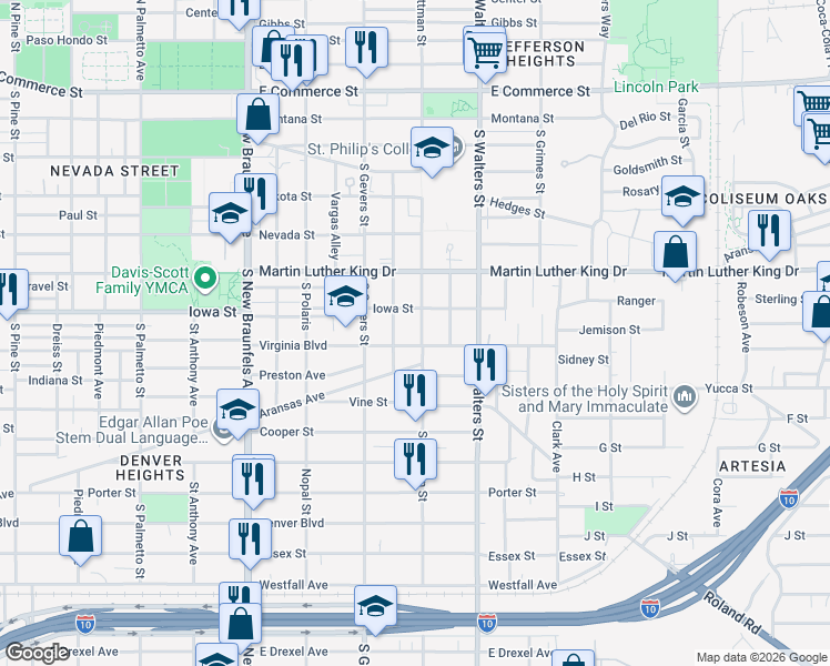 map of restaurants, bars, coffee shops, grocery stores, and more near 502 Meerscheidt Street in San Antonio