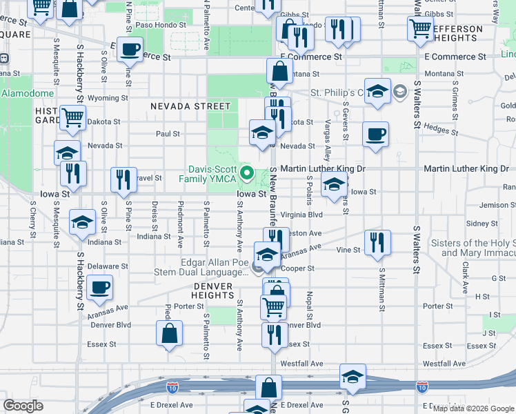 map of restaurants, bars, coffee shops, grocery stores, and more near in San Antonio