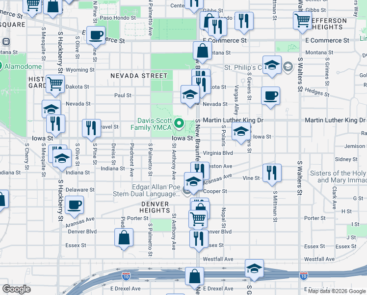 map of restaurants, bars, coffee shops, grocery stores, and more near 1202 Iowa Street in San Antonio