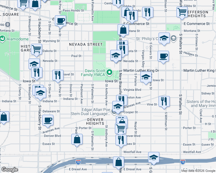 map of restaurants, bars, coffee shops, grocery stores, and more near 1202 Iowa Street in San Antonio