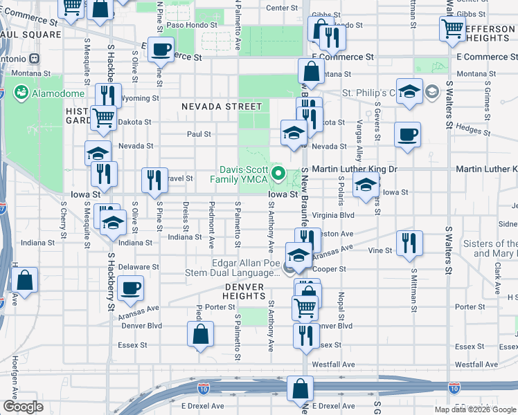 map of restaurants, bars, coffee shops, grocery stores, and more near 1118 Iowa Street in San Antonio