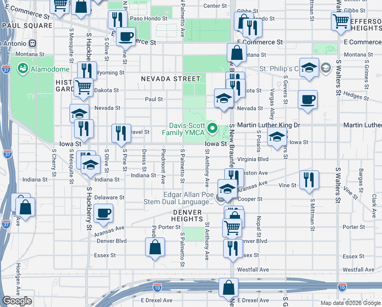 map of restaurants, bars, coffee shops, grocery stores, and more near 1118 Iowa Street in San Antonio