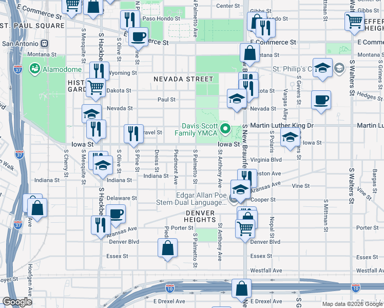 map of restaurants, bars, coffee shops, grocery stores, and more near 1016 Iowa Street in San Antonio
