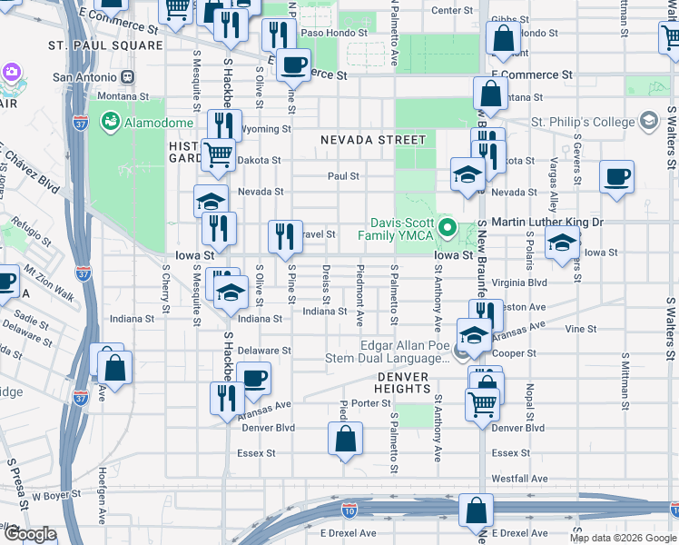 map of restaurants, bars, coffee shops, grocery stores, and more near 928 Iowa Street in San Antonio
