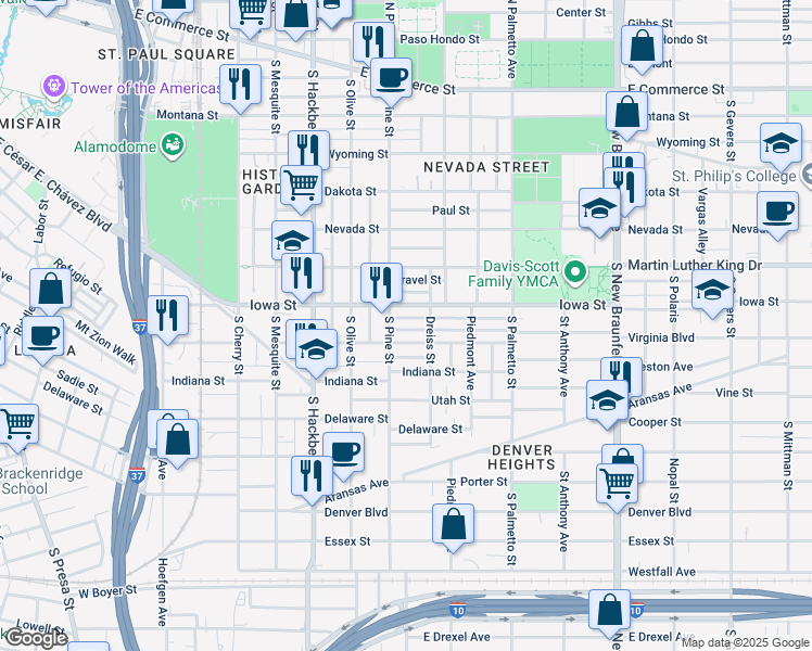 map of restaurants, bars, coffee shops, grocery stores, and more near in San Antonio