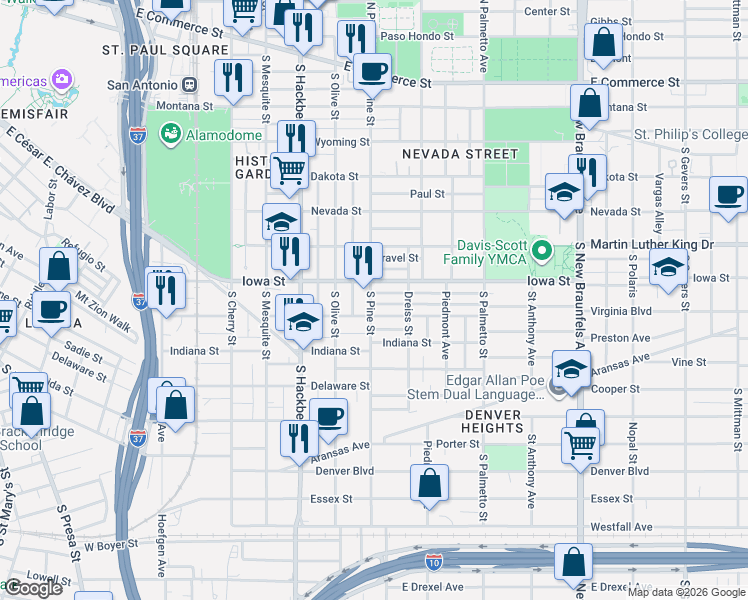 map of restaurants, bars, coffee shops, grocery stores, and more near 727 Iowa Street in San Antonio