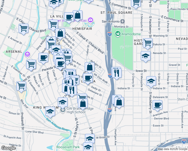 map of restaurants, bars, coffee shops, grocery stores, and more near 513 Mcmonigal Place in San Antonio
