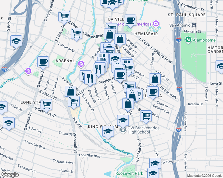 map of restaurants, bars, coffee shops, grocery stores, and more near 215 Cedar Street in San Antonio