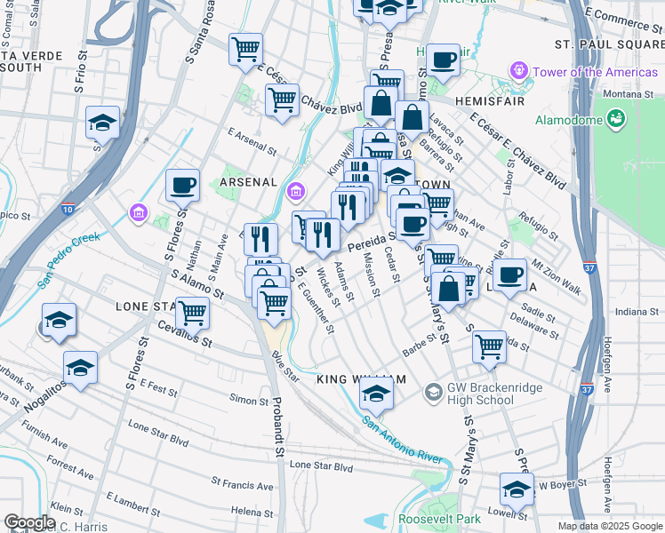 map of restaurants, bars, coffee shops, grocery stores, and more near 1115 South Alamo Street in San Antonio