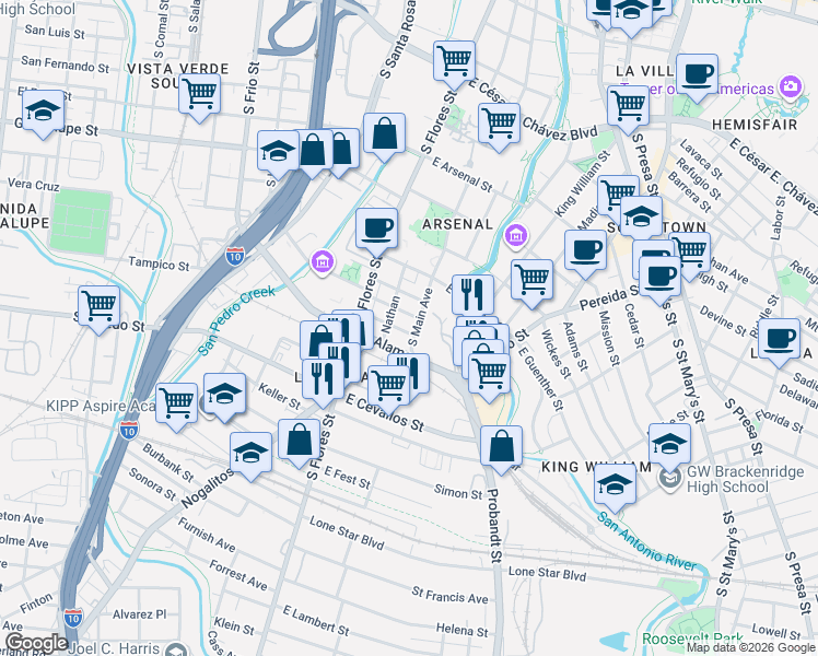 map of restaurants, bars, coffee shops, grocery stores, and more near 203 Daniel in San Antonio