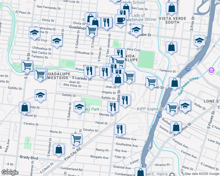 map of restaurants, bars, coffee shops, grocery stores, and more near 2154 South Laredo Street in San Antonio