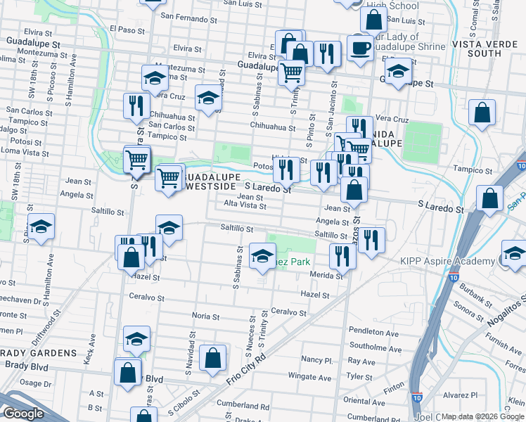 map of restaurants, bars, coffee shops, grocery stores, and more near 333 Jean Street in San Antonio