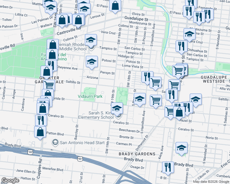 map of restaurants, bars, coffee shops, grocery stores, and more near 1537 Saltillo Street in San Antonio
