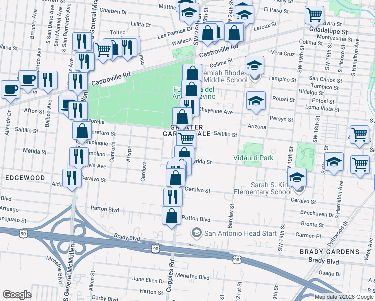 map of restaurants, bars, coffee shops, grocery stores, and more near 414 Cupples Road in San Antonio