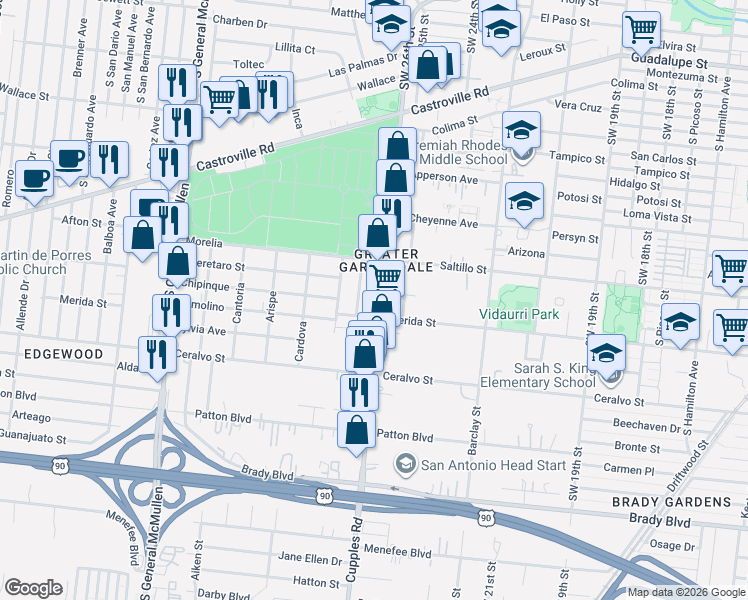 map of restaurants, bars, coffee shops, grocery stores, and more near 123 Ricardo in San Antonio