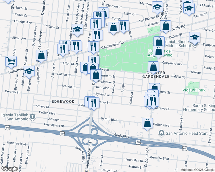 map of restaurants, bars, coffee shops, grocery stores, and more near 421 Chipinque in San Antonio
