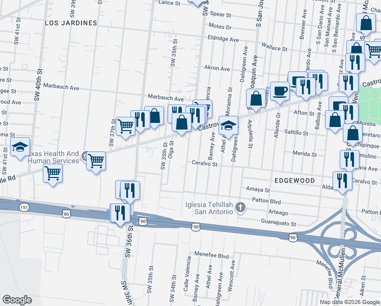 map of restaurants, bars, coffee shops, grocery stores, and more near 1735 Valencia in San Antonio