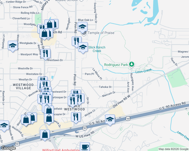 map of restaurants, bars, coffee shops, grocery stores, and more near 2010 La Mesa in San Antonio