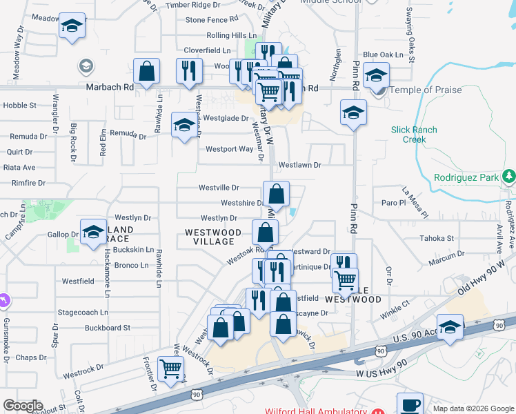 map of restaurants, bars, coffee shops, grocery stores, and more near 2010 Westmar Drive in San Antonio