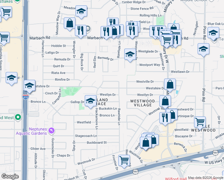 map of restaurants, bars, coffee shops, grocery stores, and more near 7410 Westville Drive in San Antonio