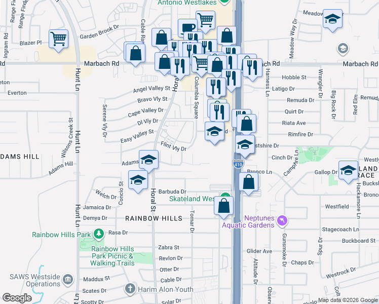 map of restaurants, bars, coffee shops, grocery stores, and more near 2102 Hollow Circle in San Antonio