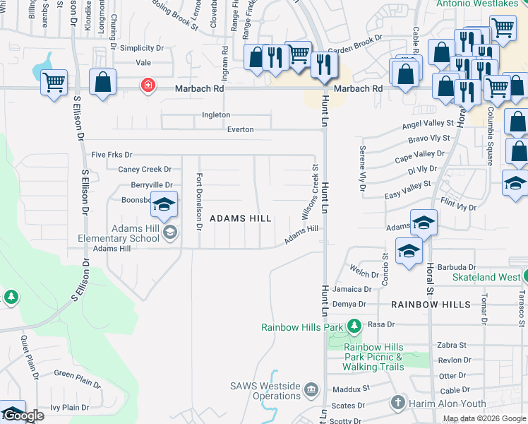 map of restaurants, bars, coffee shops, grocery stores, and more near 2002 Harpers Ferry Street in San Antonio