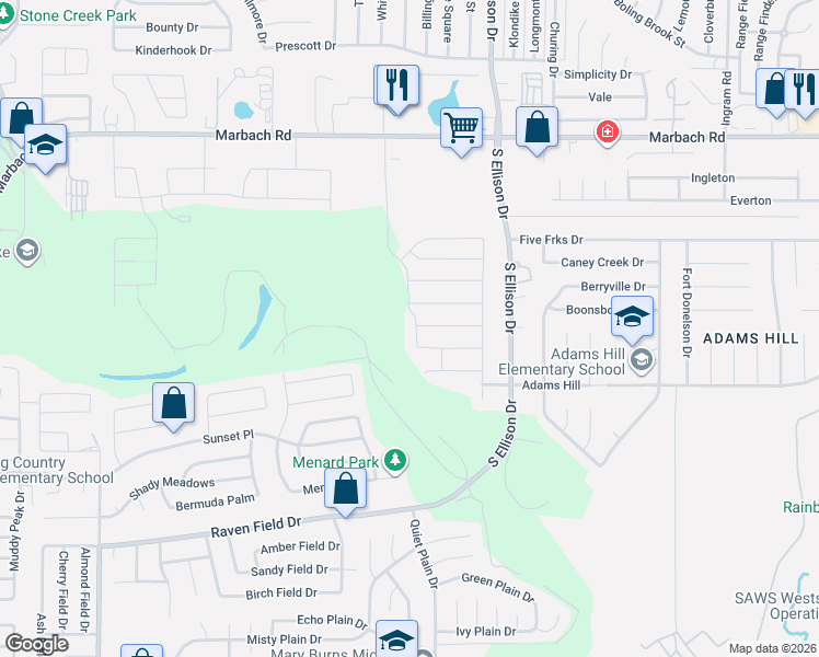 map of restaurants, bars, coffee shops, grocery stores, and more near 9838 Marbach Pass in San Antonio