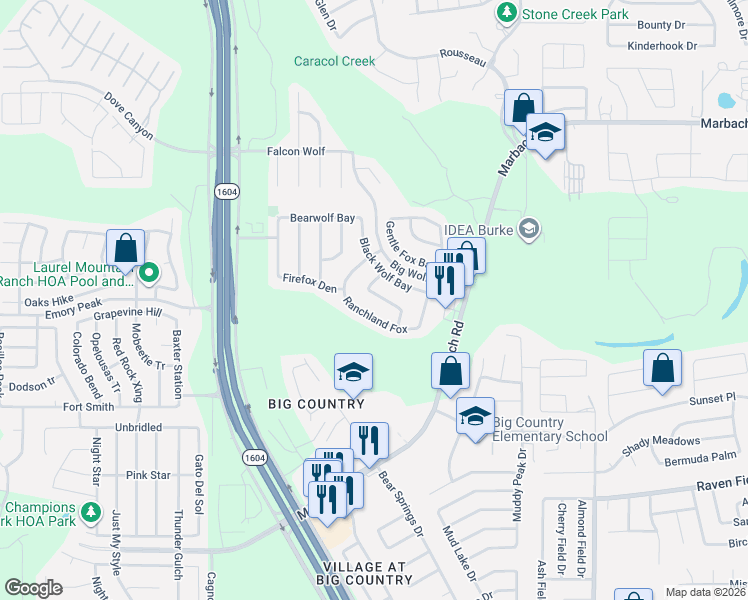 map of restaurants, bars, coffee shops, grocery stores, and more near 10650 Black Wolf Bay in San Antonio