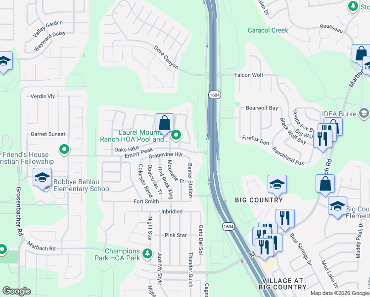 map of restaurants, bars, coffee shops, grocery stores, and more near 11111 Boot Canyon in San Antonio