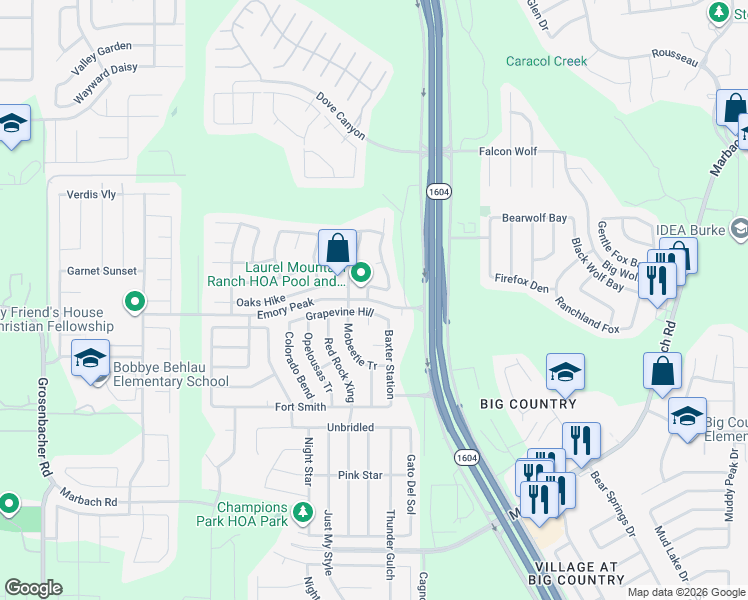 map of restaurants, bars, coffee shops, grocery stores, and more near 11111 Boot Canyon in San Antonio