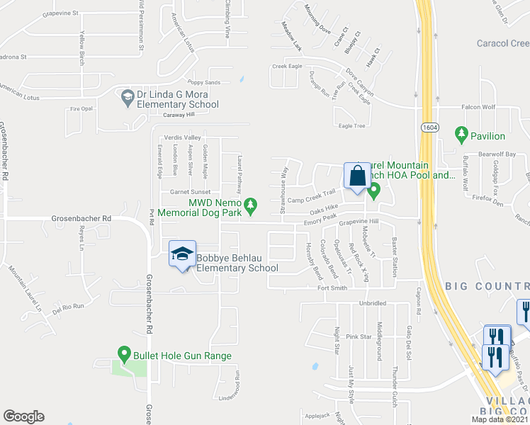 map of restaurants, bars, coffee shops, grocery stores, and more near 11427 Camp Creek Trail in San Antonio