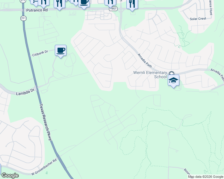 map of restaurants, bars, coffee shops, grocery stores, and more near 13914 Athol Island in San Antonio