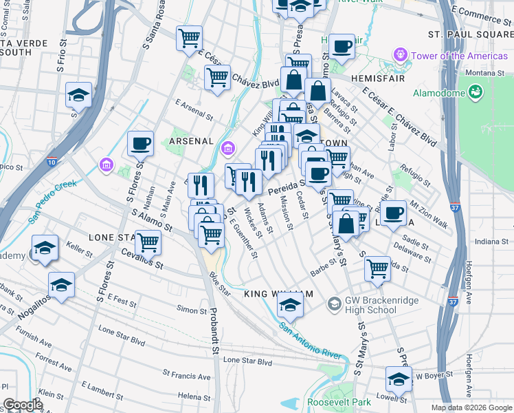map of restaurants, bars, coffee shops, grocery stores, and more near 111 Adams Street in San Antonio