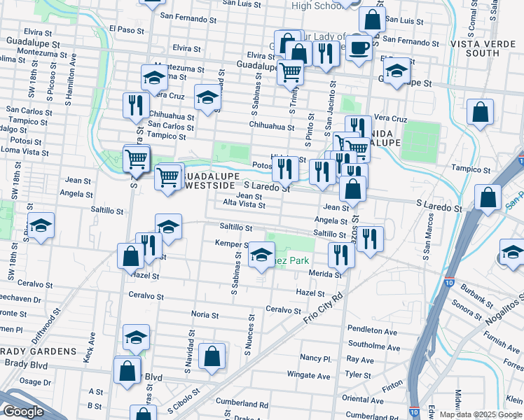 map of restaurants, bars, coffee shops, grocery stores, and more near 333 Jean Street in San Antonio